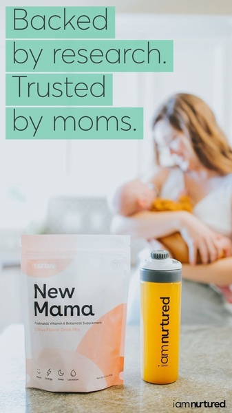 A 9:16 vertical social ad showcasing a postnatal vitamin supplement drink mix alongside a mother-infant lifestyle shot to build emotional trust.